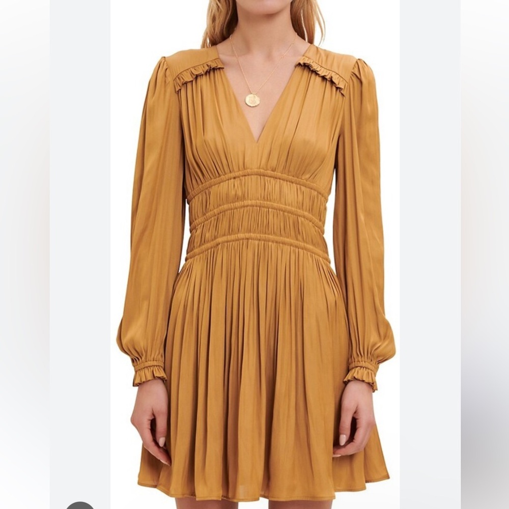 Maje Satin Ruched Rianne Gold Mini Dress